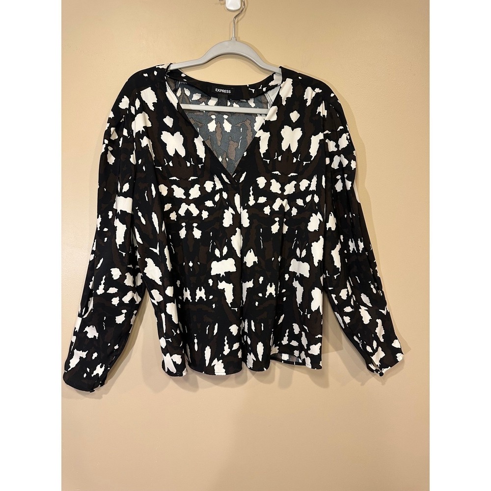 Express Womens Blouse Large Black Brown Abstract Print V-Neck Conscious Edit Top - Picture 7 of 7